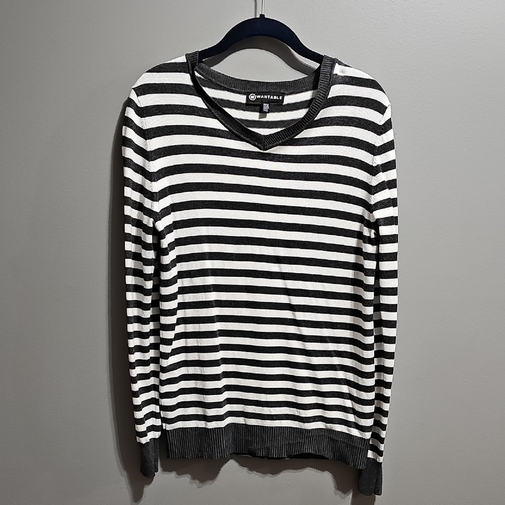 Nautica Black and White Striped V-Neck Sweater